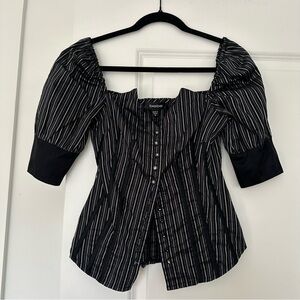 Bebe (S) Black/White Striped Puff Sleeve Rhinestone Button Up Y2K Fitted Blouse